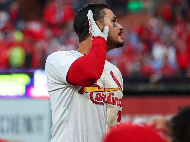 ST. LOUIS, MO - MARCH 27: Nolan Arenado #28 of the St. Louis Cardinals interacts with fans after winning the game between the Minnesota Twins and the St. Louis Cardinals at Busch Stadium on Thursday, March 27, 2025 in St. Louis, Missouri. The St. Louis Cardinals won 5-3.