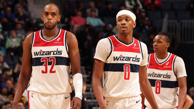 CHARLOTTE, NC - MARCH 1: Khris Middleton #32 and Bilal Coulibaly #0 of the Washington Wizards look on during the game against the Charlotte Hornets on March 1, 2025 at Spectrum Center in Charlotte, North Carolina. Mandatory Copyright Notice: Copyright 2025 NBAE