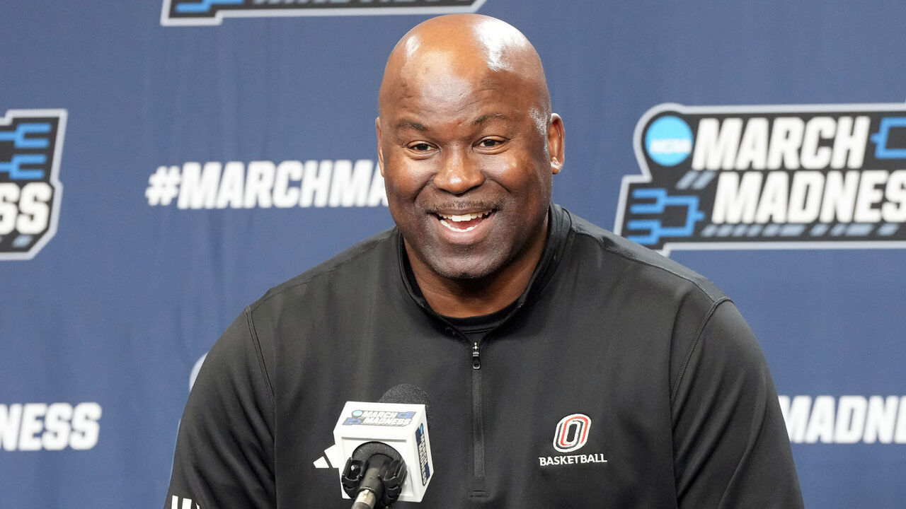 PROVIDENCE, RI - MARCH 19: Head coach Chris Crutchfield of Omaha Mavericks addresses the media during NCAA Men's Basketball Tournament - First & Second Rounds Practice Day at the Amica Mutual Pavilion on March 19, 2025 in Providence, Rhode Island.