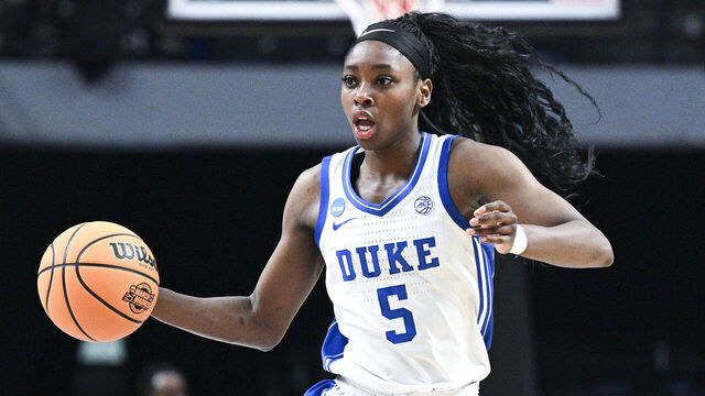 BIRMINGHAM, ALABAMA - MARCH 28: Oluchi Okananwa #5 of the Duke Blue Devils dribbles the ball during game against the North Carolina Tar Heels in the Sweet Sixteen round of the 2025 NCAA Women's Basketball Tournament held at Legacy Arena at the BJCC on March 28, 2025 in Birmingham, Alabama.