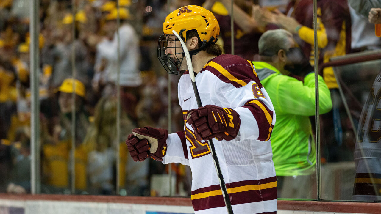 MINNEAPOLIS, MN - JANUARY 27: Minnesota Gophers forward Jimmy Snuggerud (81) celebrates a goal during the college hockey game between the Michigan State Spartans and the Minnesota Gophers on January 27th, 2022, at 3M Arena at Mariucci in Minneapolis, MN.