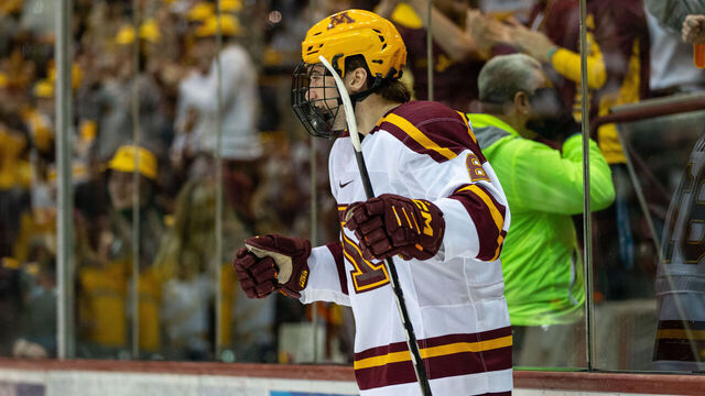 MINNEAPOLIS, MN - JANUARY 27: Minnesota Gophers forward Jimmy Snuggerud (81) celebrates a goal during the college hockey game between the Michigan State Spartans and the Minnesota Gophers on January 27th, 2022, at 3M Arena at Mariucci in Minneapolis, MN.
