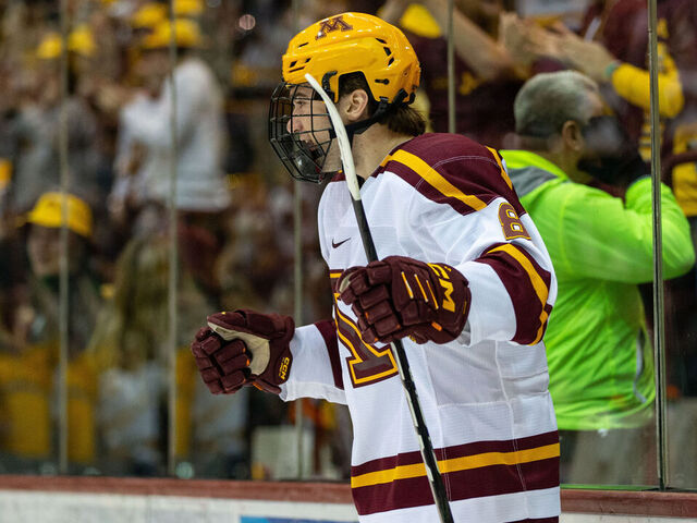 MINNEAPOLIS, MN - JANUARY 27: Minnesota Gophers forward Jimmy Snuggerud (81) celebrates a goal during the college hockey game between the Michigan State Spartans and the Minnesota Gophers on January 27th, 2022, at 3M Arena at Mariucci in Minneapolis, MN.