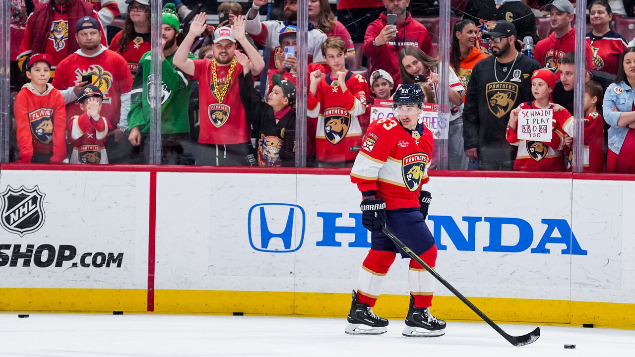 SUNRISE, FLORIDA - MARCH 28: Brad Marchand #63 of the Florida Panthers skates to the game against the Utah Hockey Club on March 28, 2025 at Amerant Bank Arena in Sunrise, Florida.