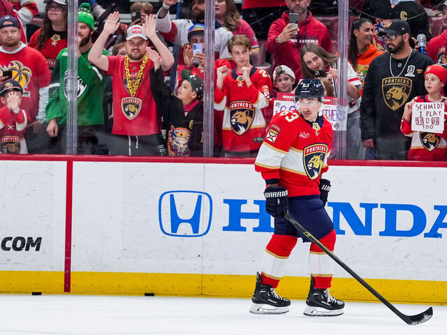 SUNRISE, FLORIDA - MARCH 28: Brad Marchand #63 of the Florida Panthers skates to the game against the Utah Hockey Club on March 28, 2025 at Amerant Bank Arena in Sunrise, Florida.