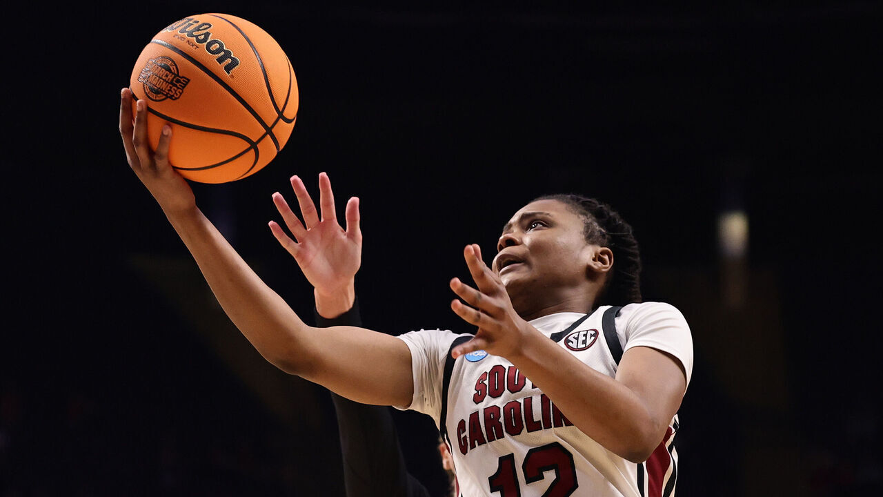 BIRMINGHAM, ALABAMA - MARCH 28: MiLaysia Fulwiley #12 of the South Carolina Gamecocks takes a shot against the Maryland Terrapins during the second half in the Sweet Sixteen round of the NCAA Women's Basketball Tournament at Legacy Arena at the BJCC on March 28, 2025 in Birmingham, Alabama.