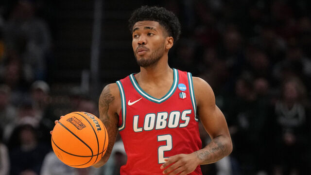 CLEVELAND, OHIO - MARCH 23: Donovan Dent #2 of the New Mexico Lobos seen in action during the second round of the 2025 NCAA Men's Basketball Tournament against the Michigan State Spartans at Rocket Mortgage Fieldhouse on March 23, 2025 in Cleveland, Ohio.