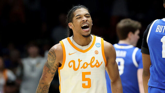 INDIANAPOLIS, INDIANA - MARCH 28: Zakai Zeigler #5 of the Tennessee Volunteers reacts during the second half against the Kentucky Wildcats in the Midwest Regional Sweet Sixteen round of the NCAA Men's Basketball Tournament at Lucas Oil Stadium on March 28, 2025 in Indianapolis, Indiana.