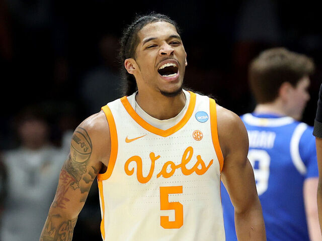 INDIANAPOLIS, INDIANA - MARCH 28: Zakai Zeigler #5 of the Tennessee Volunteers reacts during the second half against the Kentucky Wildcats in the Midwest Regional Sweet Sixteen round of the NCAA Men's Basketball Tournament at Lucas Oil Stadium on March 28, 2025 in Indianapolis, Indiana.