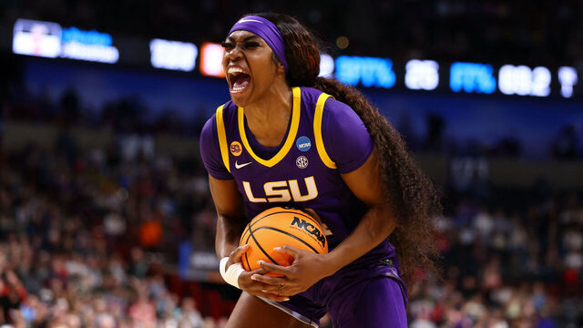 SPOKANE, WASHINGTON - MARCH 28: Aneesah Morrow #24 of the LSU Lady Tigers celebrates against the NC State Wolfpack during the Sweet Sixteen round of the 2025 NCAA Women's Basketball Tournament held at Spokane Arena on March 28, 2025 in Spokane, Washington.