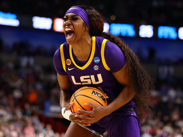 SPOKANE, WASHINGTON - MARCH 28: Aneesah Morrow #24 of the LSU Lady Tigers celebrates against the NC State Wolfpack during the Sweet Sixteen round of the 2025 NCAA Women's Basketball Tournament held at Spokane Arena on March 28, 2025 in Spokane, Washington.