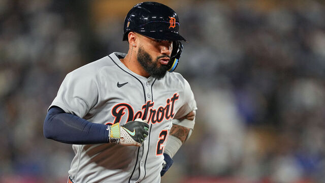 LOS ANGELES, CA - MARCH 28: Gleyber Torres #25 of the Detroit Tigers rounds third base after hitting a solo home run in the third inning during the game between the Detroit Tigers and the Los Angeles Dodgers at Dodger Stadium on Friday, March 28, 2025 in Los Angeles, California.