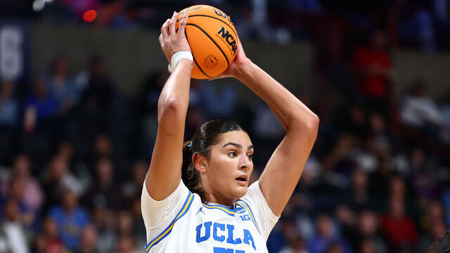SPOKANE, WASHINGTON - MARCH 28: Lauren Betts #51 of the UCLA Bruins looks to pass the ball in the game against the Ole Miss Rebels during the Sweet Sixteen round of the 2025 NCAA Women's Basketball Tournament held at Spokane Arena on March 28, 2025 in Spokane, Washington.