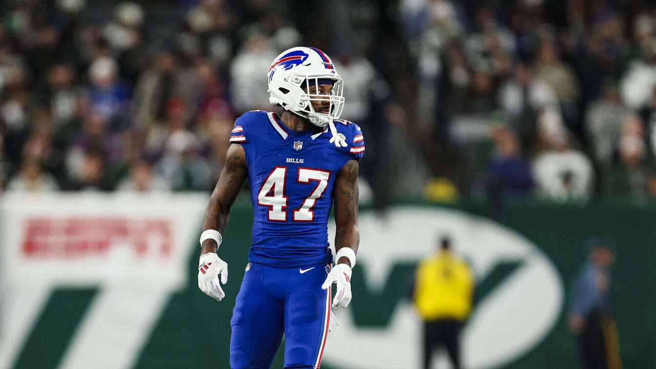 EAST RUTHERFORD, NJ - OCTOBER 14: Christian Benford #47 of the Buffalo Bills lines up before the snap during an NFL football game against the New York Jets at MetLife Stadium on October 14, 2024 in East Rutherford, NJ.