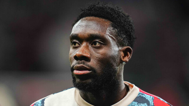 Alphonso Davies of Bayern Munich looks on during the Champions League round of 16 match between Bayer 04 Leverkusen and Bayern Munich at BayArena, Leverkusen, Germany on March 11, 2025.