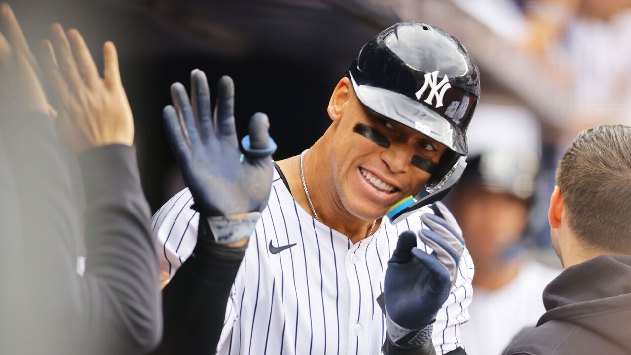 NEW YORK, NEW YORK - MARCH 29: Aaron Judge #99 of the New York Yankees celebrates after hitting a two run home run in the fourth inning against the Milwaukee Brewers at Yankee Stadium on March 29, 2025 in New York City.