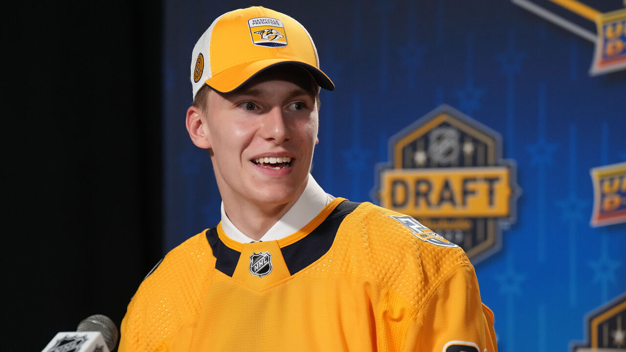 NASHVILLE, TENNESSEE - JUNE 28: Matthew Wood, 15th overall pick of the Nashville Predators, speaks to the media after being drafted in the 2023 Upper Deck NHL Draft at Bridgestone Arena on June 28, 2023 in Nashville, Tennessee.