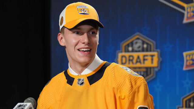 NASHVILLE, TENNESSEE - JUNE 28: Matthew Wood, 15th overall pick of the Nashville Predators, speaks to the media after being drafted in the 2023 Upper Deck NHL Draft at Bridgestone Arena on June 28, 2023 in Nashville, Tennessee.