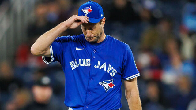 TORONTO, CANADA - MARCH 29: Max Scherzer #31 of the Toronto Blue Jays reacts on the mound as he pitches in the first inning of their MLB game against the Baltimore Orioles at Rogers Centre on March 29, 2025 in Toronto, Ontario, Canada.