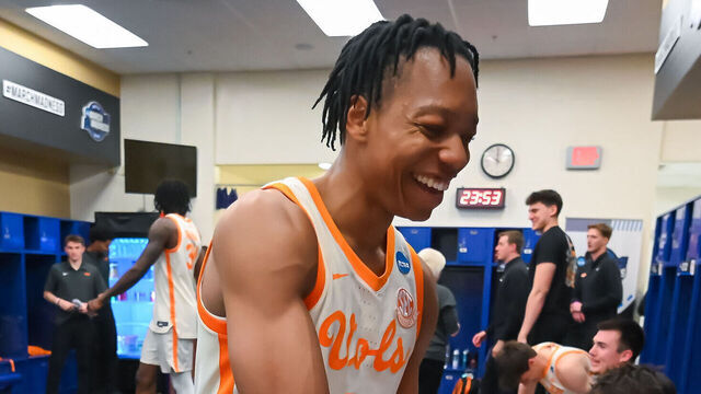 INDIANAPOLIS, INDIANA - MARCH 28: Jordan Gainey #11 of the Tennessee Volunteers celebrates with team members after the game against the Kentucky Wildcats in the Sweet Sixteen round of the 2025 NCAA Men's Basketball Tournament held at Lucas Oil Stadium on March 28, 2025 in Indianapolis, Indiana.
