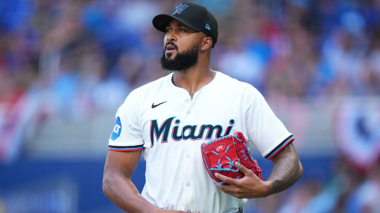 MIAMI, FLORIDA - MARCH 27: Sandy Alcantara #22 of the Miami Marlins looks on during the second inning against the Pittsburgh Pirates on Opening Day at loanDepot park on March 27, 2025 in Miami, Florida.