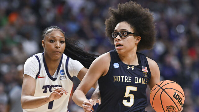 BIRMINGHAM, ALABAMA - MARCH 29: Olivia Miles #5 Notre Dame Fighting Irish dribbles the ball during the game against the TCU Horned Frogs in the Sweet Sixteen round of the 2025 NCAA Women's Basketball Tournament held at Legacy Arena at the BJCC on March 29, 2025 in Birmingham, Alabama.