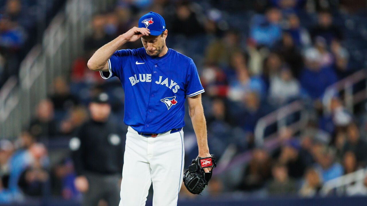 TORONTO, CANADA - MARCH 29: Max Scherzer #31 of the Toronto Blue Jays reacts on the mound as he pitches in the first inning of their MLB game against the Baltimore Orioles at Rogers Centre on March 29, 2025 in Toronto, Ontario, Canada.