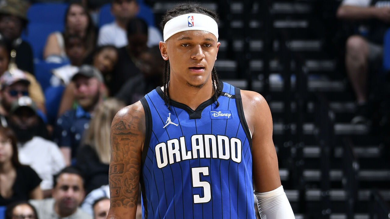ORLANDO, FL - MARCH 29: Paolo Banchero #5 of the Orlando Magic looks on during the game against the Sacramento Kings on March 29, 2025 at Kia Center in Orlando, Florida. Mandatory Copyright Notice: Copyright 2025 NBAE