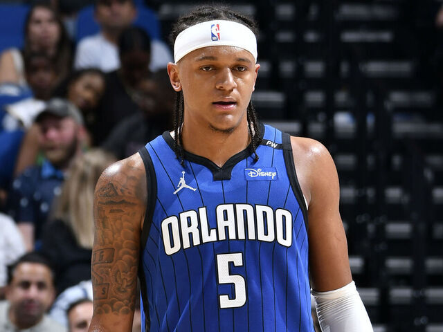 ORLANDO, FL - MARCH 29: Paolo Banchero #5 of the Orlando Magic looks on during the game against the Sacramento Kings on March 29, 2025 at Kia Center in Orlando, Florida. Mandatory Copyright Notice: Copyright 2025 NBAE