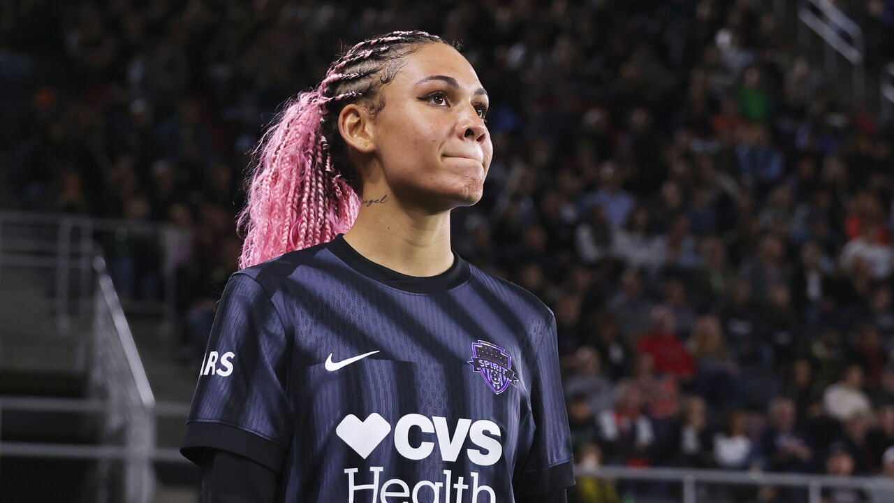 WASHINGTON, DC - MARCH 28: Trinity Rodman #2 of Washington Spirit leaves the pitch in a substitution during the NWSL match between Washington Spirit and Bay FC at Audi Field on March 28, 2025 in Washington, DC.