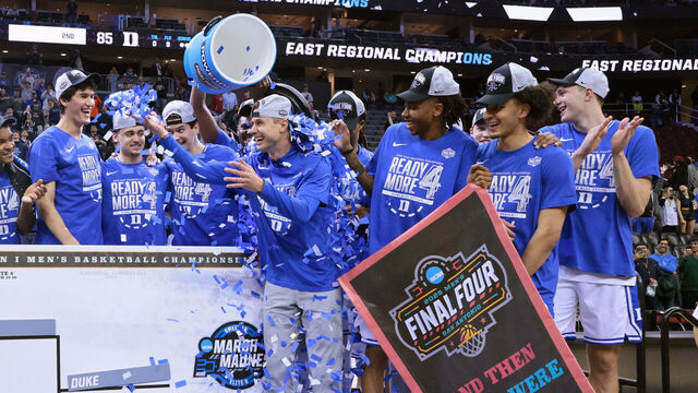 NEWARK, NEW JERSEY - MARCH 29: The Duke Blue Devils celebrate defeating the Alabama Crimson Tide during the Elite Eight round of the 2025 NCAA Men's Basketball Tournament held at Prudential Center on March 29, 2025 in Newark, New Jersey.