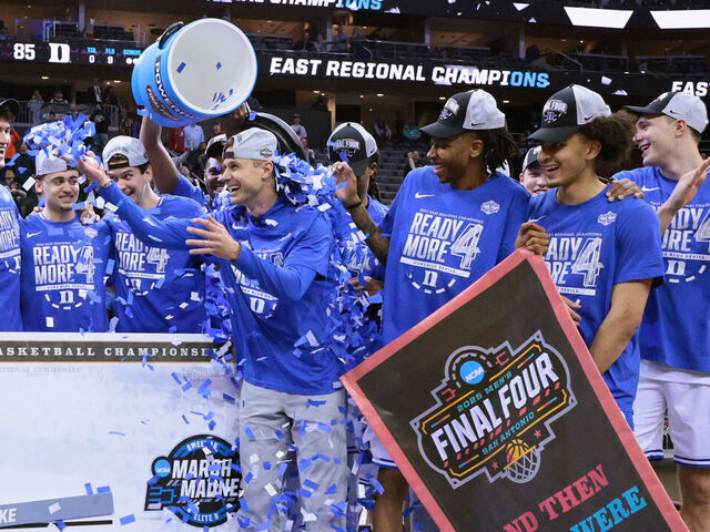 NEWARK, NEW JERSEY - MARCH 29: The Duke Blue Devils celebrate defeating the Alabama Crimson Tide during the Elite Eight round of the 2025 NCAA Men's Basketball Tournament held at Prudential Center on March 29, 2025 in Newark, New Jersey.