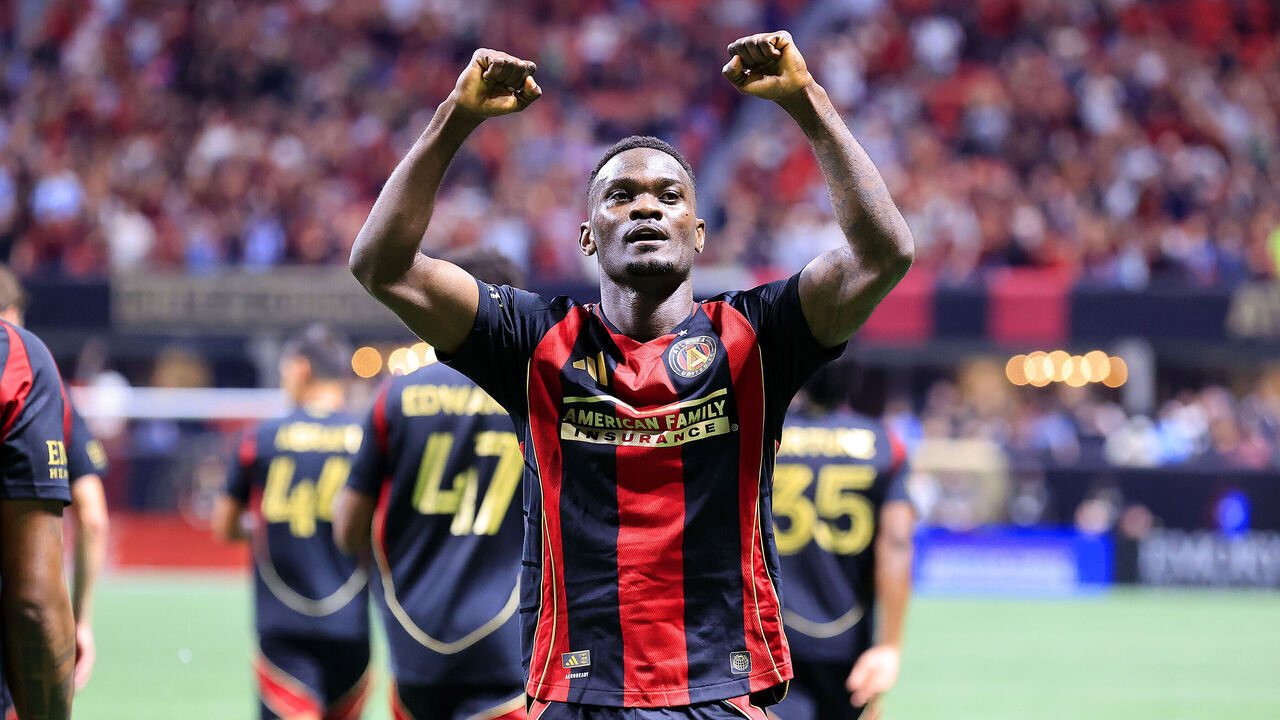 ATLANTA, GA - MARCH 29: Emmanuel Latte Lath #19 of Atlanta United reacts after scoring the go ahead goal during the MLS soccer game between the Atlanta United FC and the New York City FC on Saturday, March 29, 2025 at the Mercedes-Benz Stadium in Atlanta, Georgia.