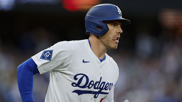 LOS ANGELES, CALIFORNIA - MARCH 29: Freddie Freeman #5 of the Los Angeles Dodgers reacts to his solo home run while rounding the bases in the first inning against the Detroit Tigers at Dodger Stadium on March 29, 2025 in Los Angeles, California.