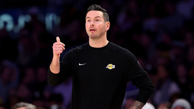 LOS ANGELES, CALIFORNIA - MARCH 02: Head coach JJ Redick of the Los Angeles Lakers reacts against the LA Clippers at Crypto.com Arena on March 02, 2025 in Los Angeles, California.