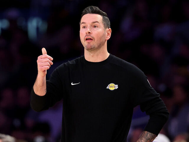 LOS ANGELES, CALIFORNIA - MARCH 02: Head coach JJ Redick of the Los Angeles Lakers reacts against the LA Clippers at Crypto.com Arena on March 02, 2025 in Los Angeles, California.