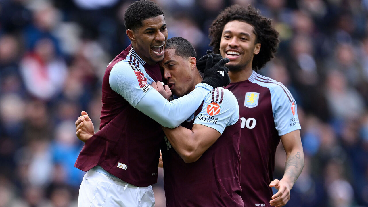 PRESTON, ENGLAND - MARCH 30: Marcus Rashford of Aston Villa celebrates scoring his team's second goal from the penalty spot with team mates Youri Tielemans and Boubacar Kamara during the Emirates FA Cup Quarter Final match between Preston North End and Aston Villa at Deepdale on March 30, 2025 in Preston, England.