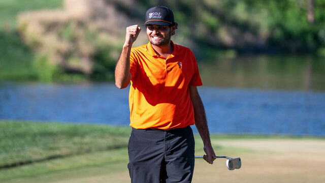 NEW DELHI, INDIA - MARCH 30: Eugenio Chacarra of Spain celebrates after winning the Hero Indian Open 2025 at DLF Golf and County Club on March 30, 2025 in New Delhi, India.