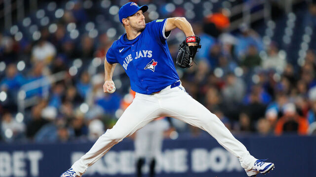 TORONTO, CANADA - MARCH 29: Max Scherzer #31 of the Toronto Blue Jays pitches in the first inning of their MLB game against the Baltimore Orioles at Rogers Centre on March 29, 2025 in Toronto, Ontario, Canada.