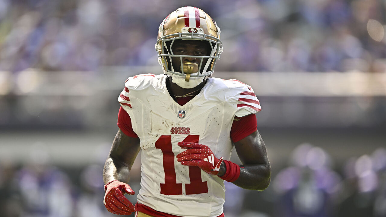 MINNEAPOLIS, MINNESOTA - SEPTEMBER 15: Brandon Aiyuk #11 of the San Francisco 49ers looks on during the game against the Minnesota Vikings at U.S. Bank Stadium on September 15, 2024 in Minneapolis, Minnesota. The Vikings beat the 49ers 23-17.