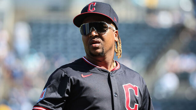 KANSAS CITY, MO - MARCH 29: Cleveland Guardians third base José Ramírez (11) before an MLB game between the Cleveland Guardians and Kansas City Royals on March 29, 2025 at Kauffman Stadium in Kansas City, MO.