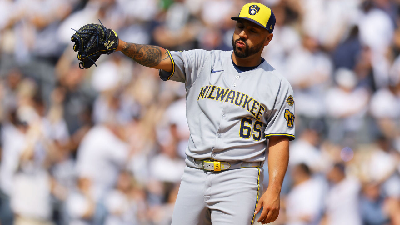 NEW YORK, NEW YORK - MARCH 29: Néstor Corredor #65 of the Milwaukee Brewers in action against the New York Yankees at Yankee Stadium on March 29, 2025 in New York City. New York Yankees defeated the Milwaukee Brewers 20-9.