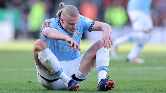BOURNEMOUTH, ENGLAND - MARCH 30: Erling Haaland of Manchester City sits on the pitch injured during the Emirates FA Cup Quarter Final match between AFC Bournemouth and Manchester City at Vitality Stadium on March 30, 2025 in Bournemouth, England.