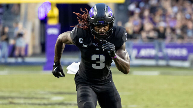FORT WORTH, TX - SEPTEMBER 14: TCU Horned Frogs wide receiver Savion Williams (#3) runs up field during the Big 12 college football game between the UCF Knights and TCU Horned Frogs on September 14, 2024 at Amon G. Carter Stadium in Fort Worth, TX.