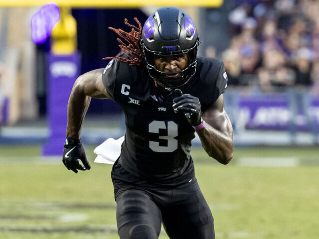 FORT WORTH, TX - SEPTEMBER 14: TCU Horned Frogs wide receiver Savion Williams (#3) runs up field during the Big 12 college football game between the UCF Knights and TCU Horned Frogs on September 14, 2024 at Amon G. Carter Stadium in Fort Worth, TX.