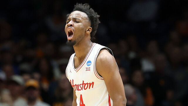 INDIANAPOLIS, INDIANA - MARCH 30: L.J. Cryer #4 of the Houston Cougars reacts during the first half against the Tennessee Volunteers in the Midwest Regional Elite Eight round of the NCAA Men's Basketball Tournament at Lucas Oil Stadium on March 30, 2025 in Indianapolis, Indiana.