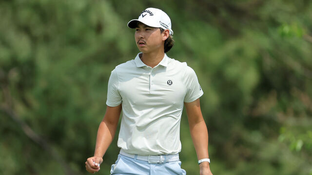 HOUSTON, TEXAS - MARCH 30: Min Woo Lee of Australia reacts after a birdie on the ninth hole during the final round of the Texas Children's Houston Open 2025 at Memorial Park Golf Course on March 30, 2025 in Houston, Texas.