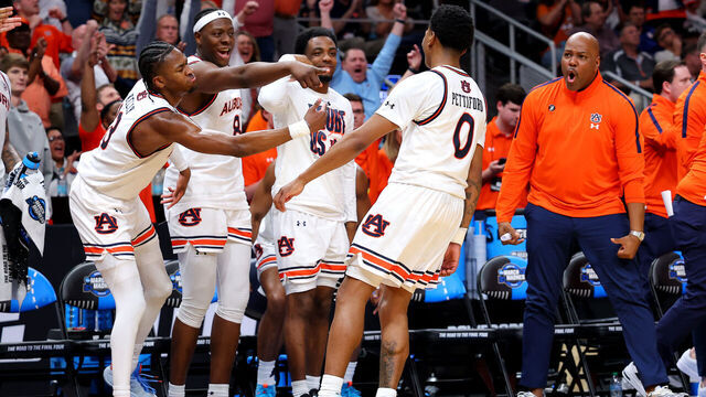 ATLANTA, GEORGIA - MARCH 30: Tahaad Pettiford #0 of the Auburn Tigers reacts after a three-pointer against the Michigan State Spartans during the second half in the South Regional Elite Eight round of the NCAA Men's Basketball Tournament at State Farm Arena on March 30, 2025 in Atlanta, Georgia.