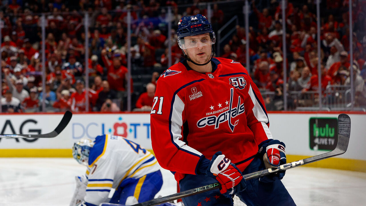 WASHINGTON, DC - MARCH 30: Aliaksei Protas #21 of the Washington Capitals celebrates a short handed goal in the second period against the Buffalo Sabres at Capital One Arena on March 30, 2025 in Washington, D.C.