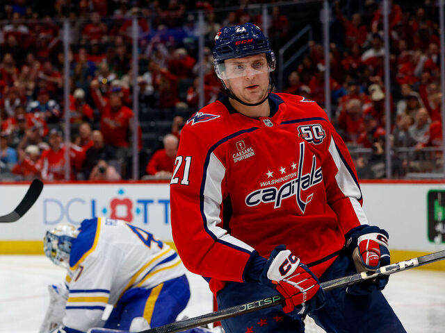 WASHINGTON, DC - MARCH 30: Aliaksei Protas #21 of the Washington Capitals celebrates a short handed goal in the second period against the Buffalo Sabres at Capital One Arena on March 30, 2025 in Washington, D.C.